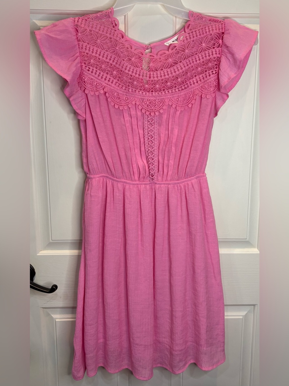 MINE Pink Mini Dress Size Medium w/ Crochet Lace Yoke & Flutter Ruffles Sleeves